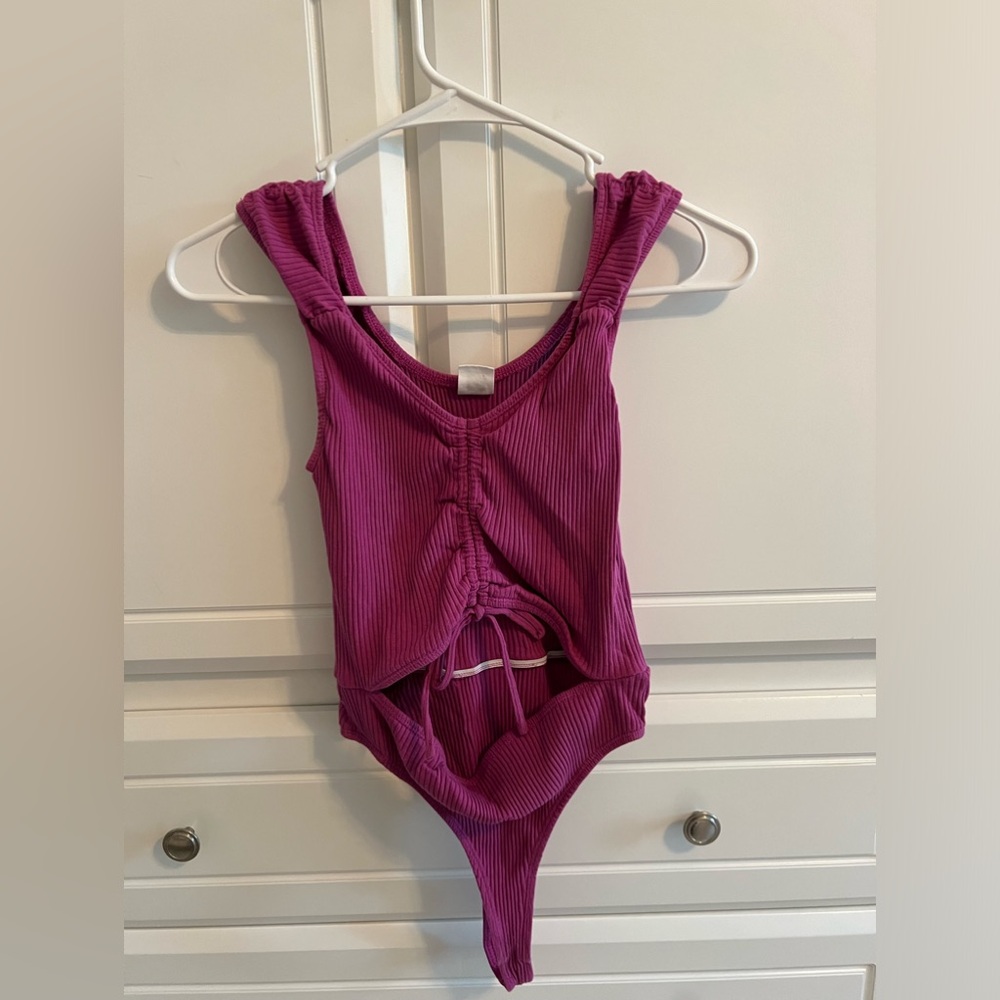 Me to We purple cut out bodysuit